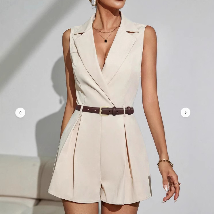 Home Office Romance - Jumpsuits ผู้หญิงฤดูร้อน Rompers One Piece กางเกงขาสั้นขากว้างแขนกุดเปิดลงปก