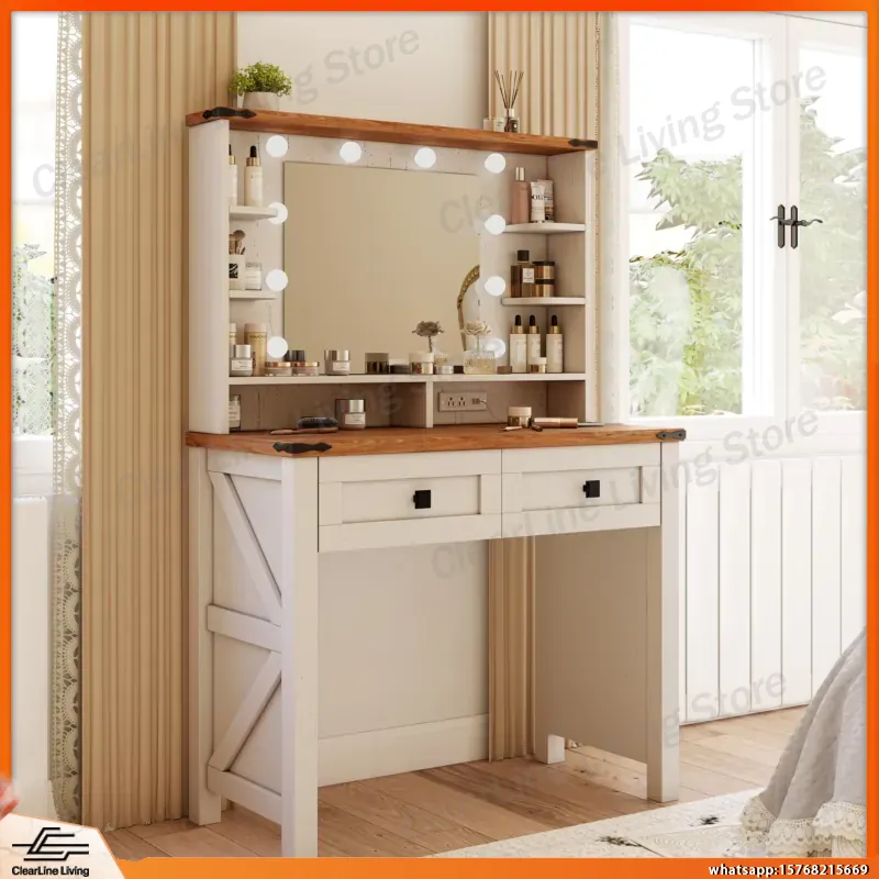 Desk Drawer Small - โต๊ะเครื่องแป้งไม้ขนาดเล็กพร้อมกระจกไฟ LED ลิ้นชักเก็บของ สถานีชาร์จ สำหรับผู้หญิง ห้องนอน