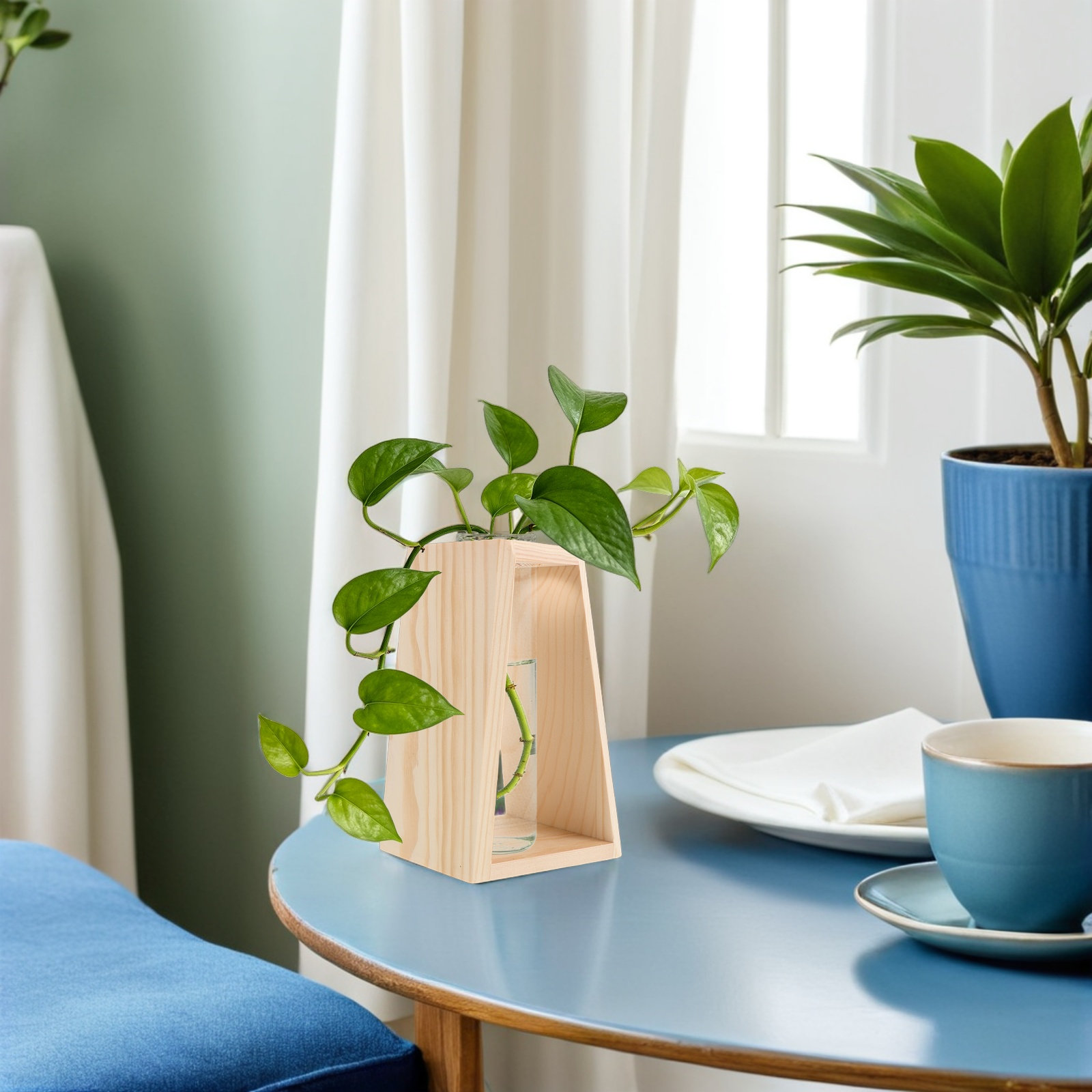 Home Office With Plants - กระถางแก้วปลูกพืชแบบไฮโดรโปนิกส์แบบช่องเดียว พร้อมฐานไม้ที่มั่นคง สำหรับแจกันเพาะชำ ใช้ได้ทั้งที่บ้านและที่ทำงาน