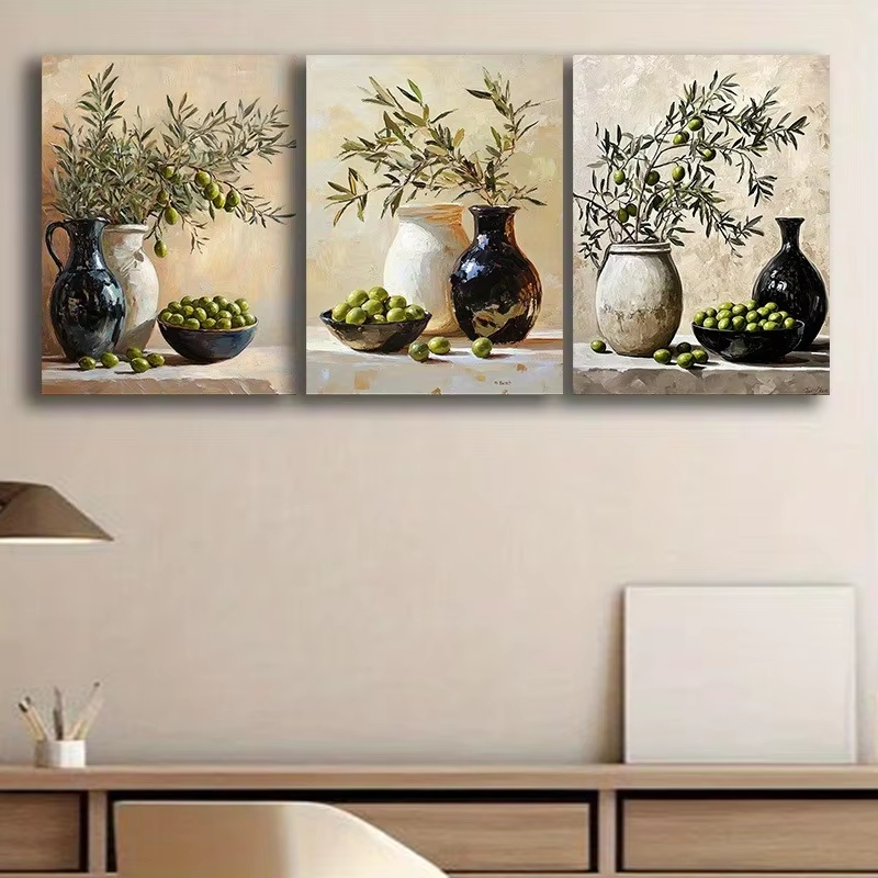 Home Office Depot - ภาพพิมพ์บนกระถางเซรามิก 3 ชิ้น ลายกิ่งมะกอกและผลมะกอกในฤดูร้อน สไตล์ภาพวาดสีน้ำมันวินเทจ สำหรับตกแต่งบ้าน