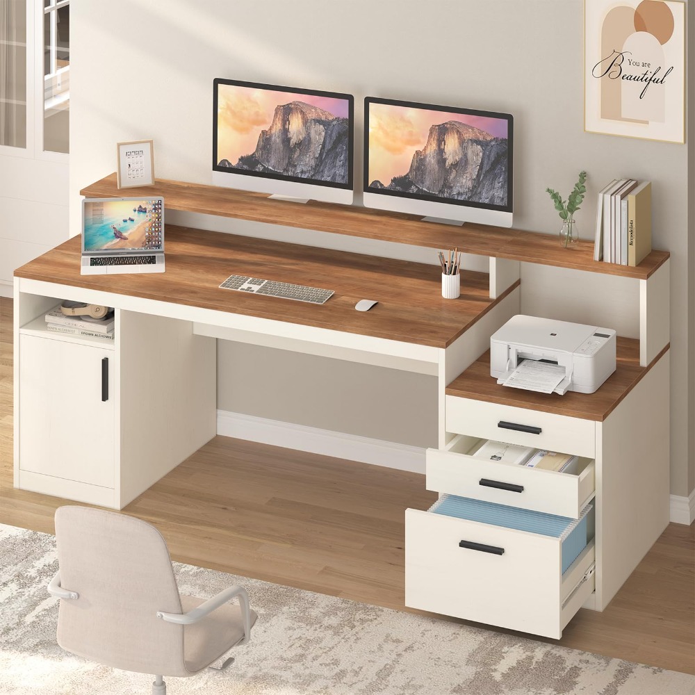 Home Office 365 - โต๊ะคอมพิวเตอร์ขนาด 65 นิ้ว พร้อมลิ้นชัก 3 ช่องและชั้นวางเครื่องพิมพ์สำหรับโฮมออฟฟิศ