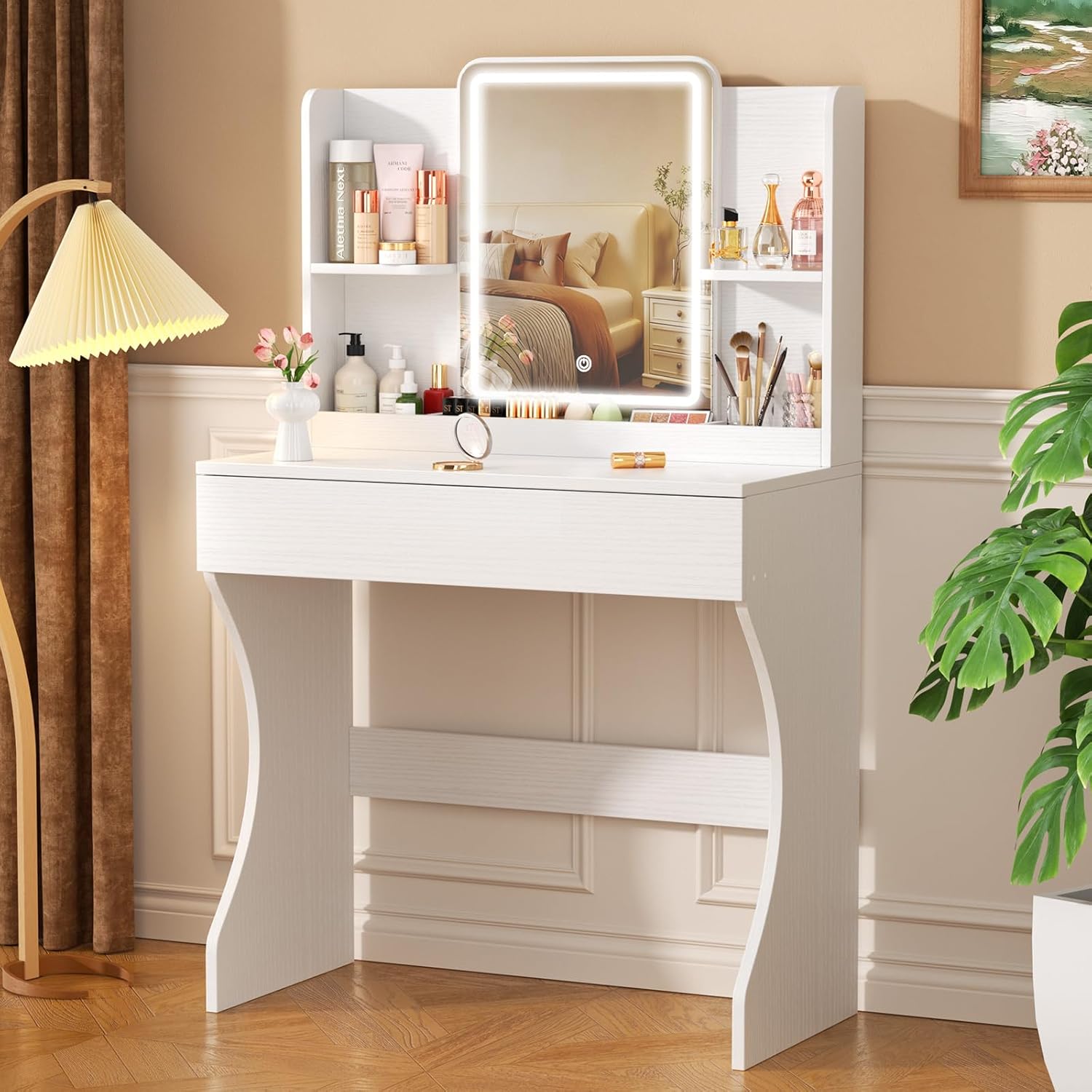 Desk Drawer Small - โต๊ะเครื่องแป้งสีขาวขนาดเล็กพร้อมกระจก ไฟ ลิ้นชักเก็บของ ชั้นวาง 2 ชั้น