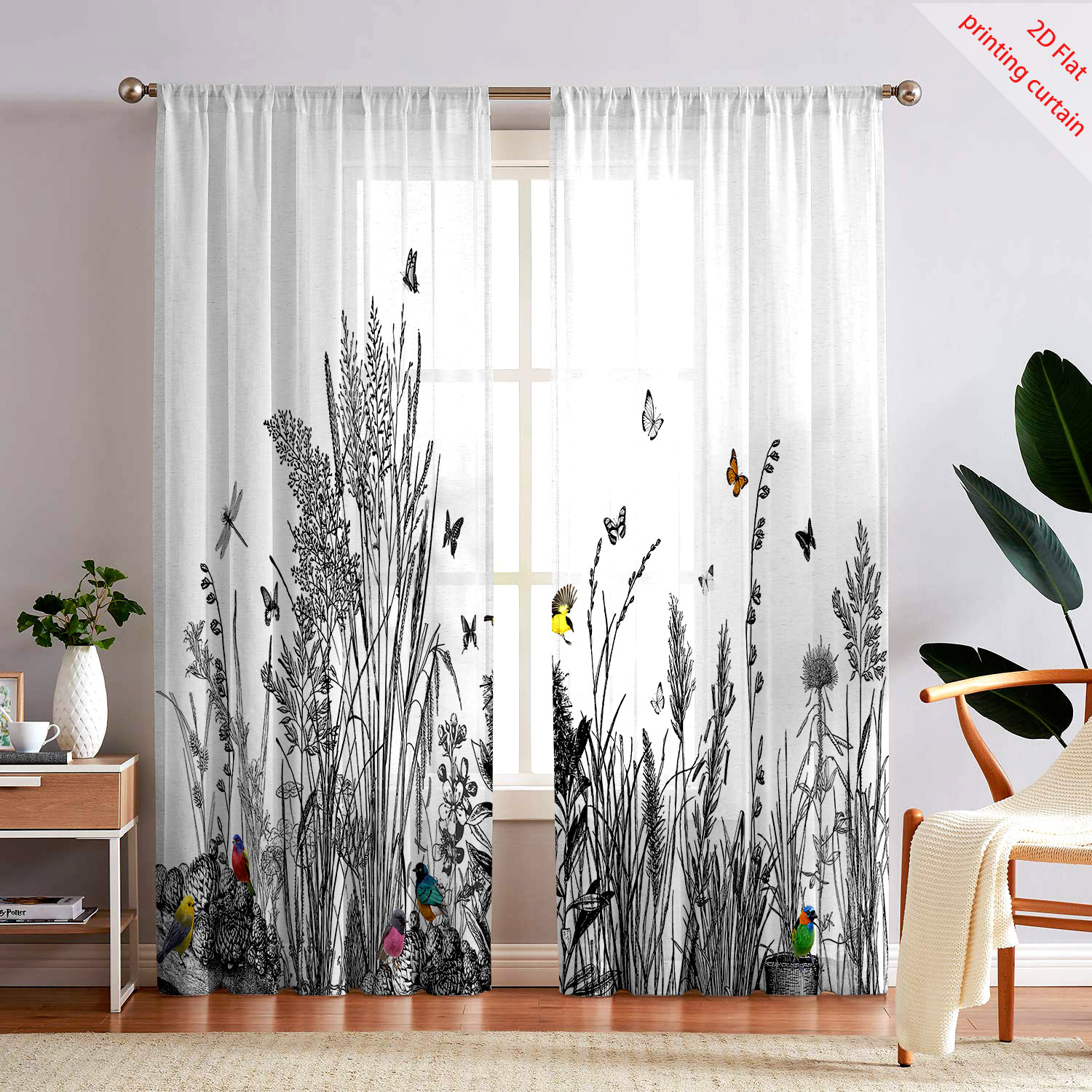 Home Office With Plants - ม่านหน้าต่างโปร่งใสพิมพ์ลายพืช ฟิล์มตกแต่งหน้าต่างบ้าน เหมาะสำหรับสำนักงาน ห้องนั่งเล่น ห้องนอน ระเบียงหน้าต่าง