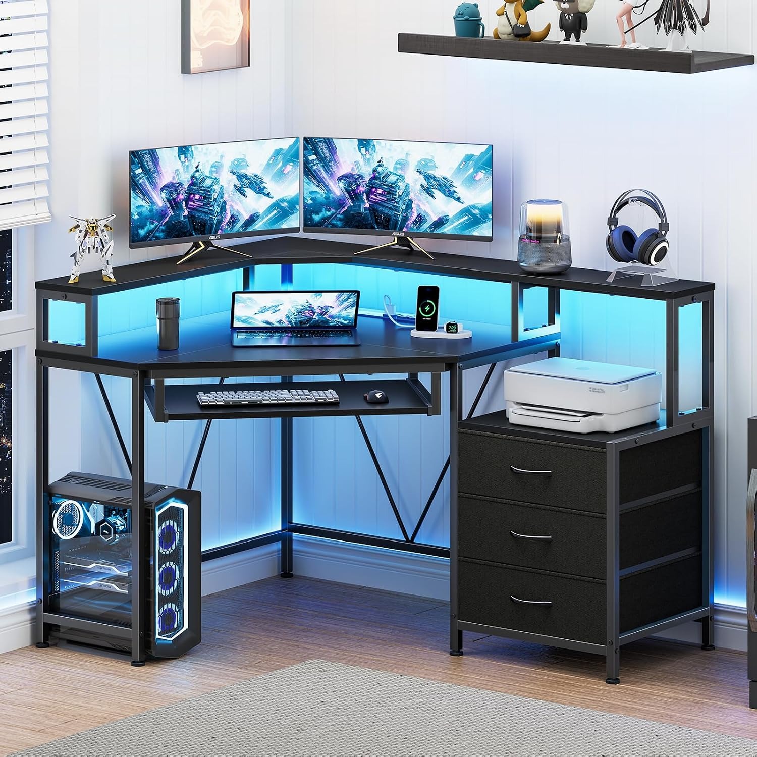 Desk Drawer Small - โต๊ะเข้ามุมขนาด 47 นิ้ว พร้อมลิ้นชัก ปลั๊กไฟ และชั้นวางเครื่องพิมพ์สำหรับพื้นที่ขนาดเล็ก